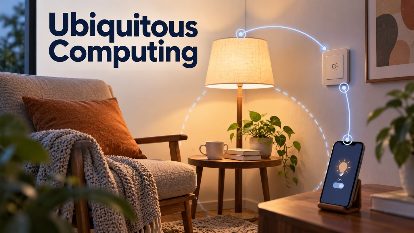 A reading lamp, physical control and phone status illustrate computing integrated into an everyday setting