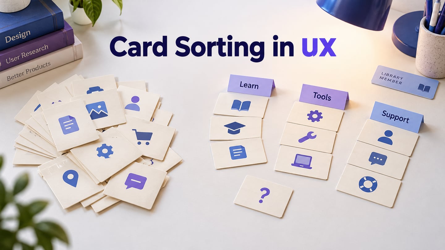 Library service cards arranged into tentative groups, with one card left between categories to show an unresolved relationship.
