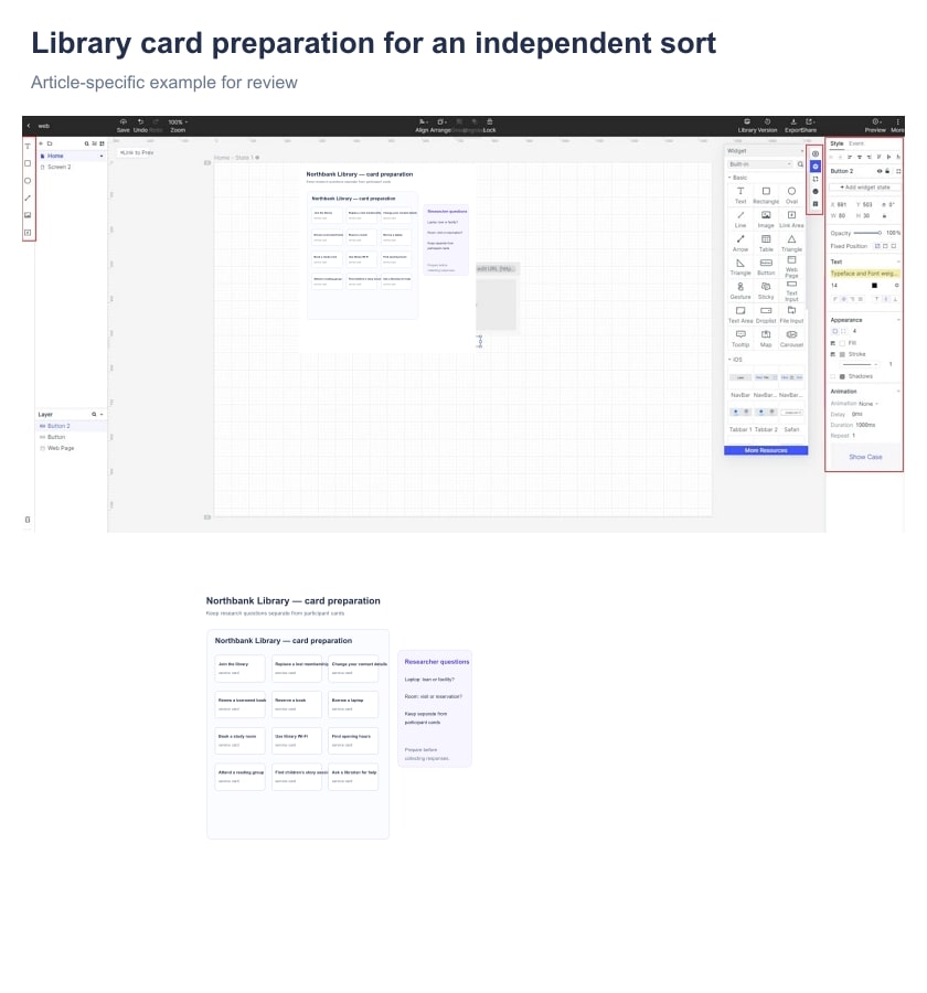 Illustrative library card-sorting preparation canvas with twelve ungrouped service cards and a separate researcher-question area.