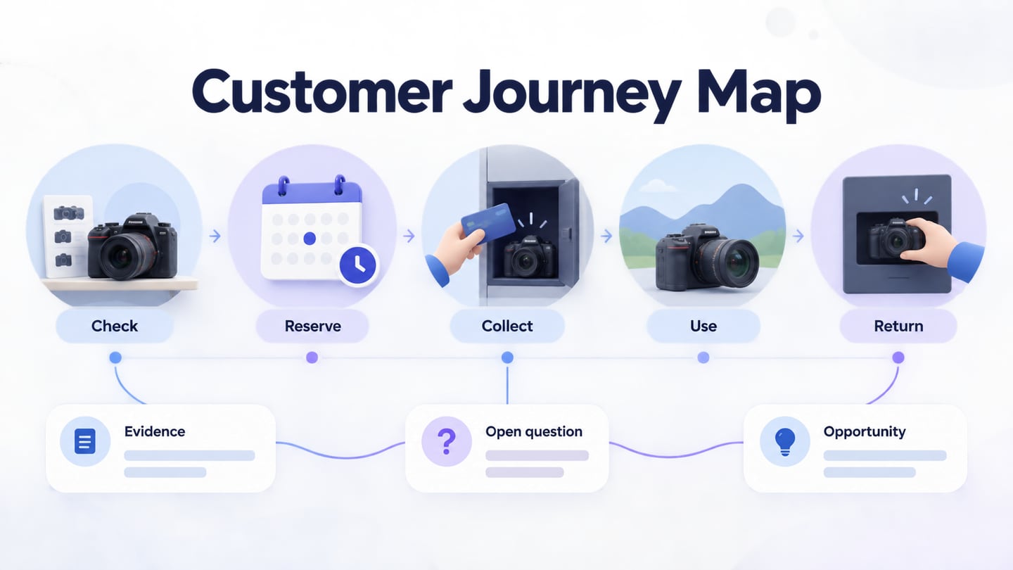 Customer journey map connecting equipment-booking stages, evidence and a next design action