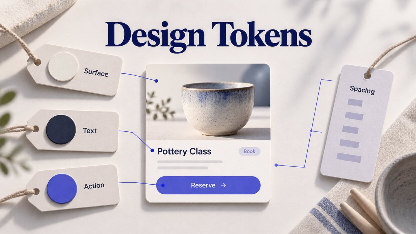 Named surface, text and action swatches connected to a pottery-class booking card and its spacing.