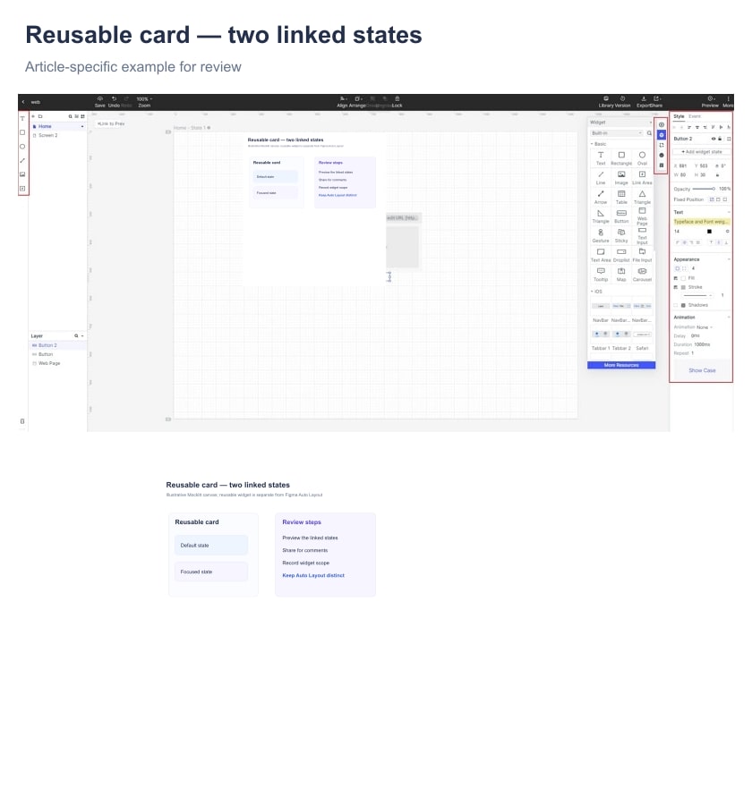 Illustrative reusable card widget shown in default and focused states with preview and review notes.