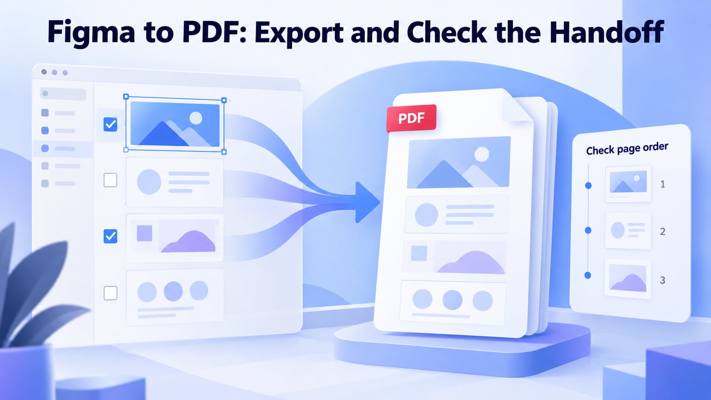 Selected Figma design layers flowing into a checked PDF handoff