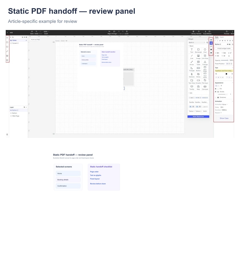 Illustrative static PDF handoff panel with selected screens, page order and text-as-glyphs notes.