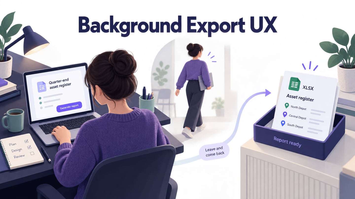 An asset register moves from an export request to a retrievable document while the user continues working.