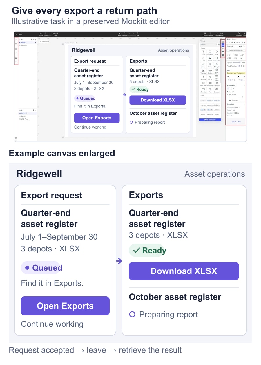 Illustrative Ridgewell export screens show the quarter-end asset register queued for three depots and later ready to download from Exports, with a separate October job still preparing.
