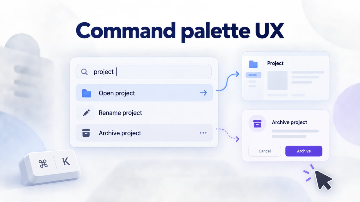 Command-palette concept distinguishing opening a project from reviewing a consequential archive action.