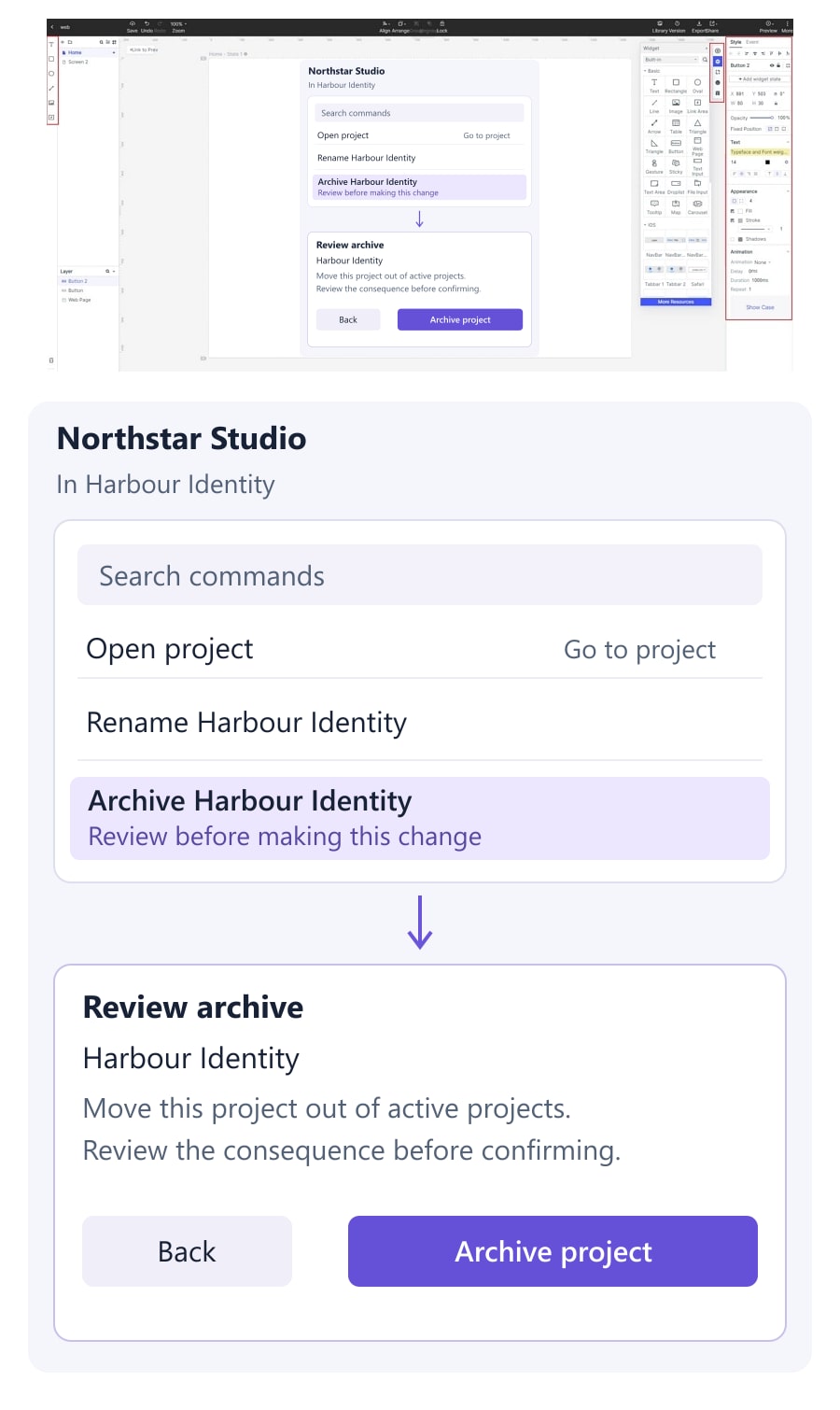 A Northstar Studio command palette distinguishes opening, renaming and archiving Harbour Identity, with an archive review below, composed in an earlier Mockitt editor.