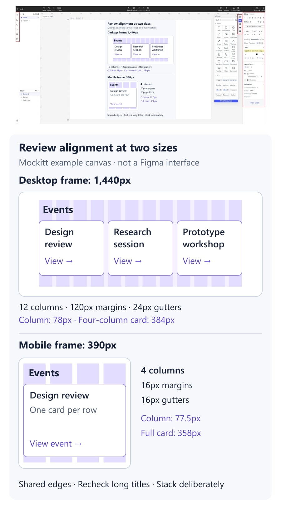 Illustrative desktop and mobile event-card layouts in an earlier Mockitt editor, enlarged with twelve-column and four-column dimension examples; this is not a Figma interface