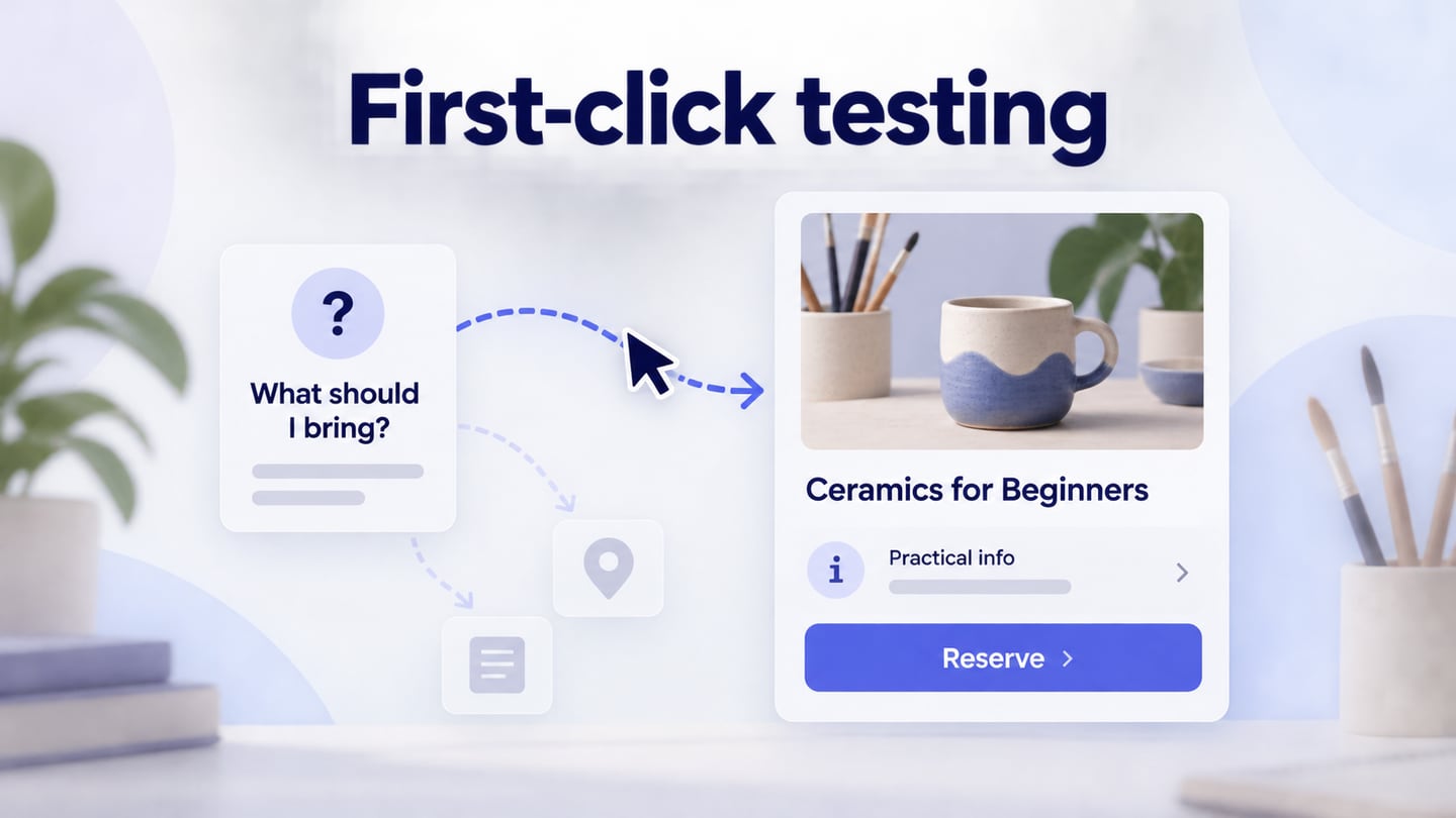 First-click study concept showing a materials question beside an arts-course page with practical information and reservation entries.