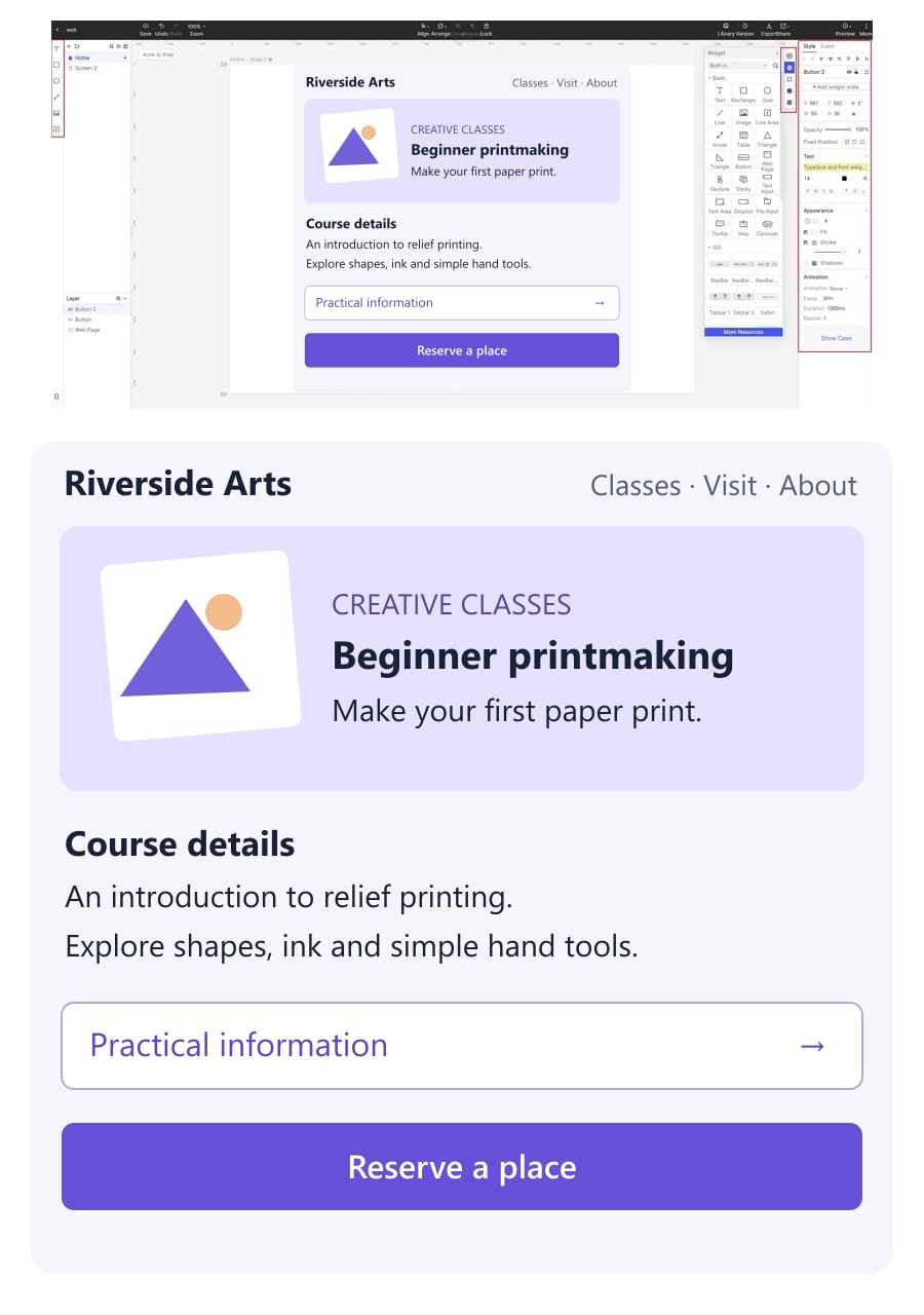 Illustrative Riverside Arts printmaking course page with course details, practical information and a separate reservation action, composed in an earlier Mockitt editor and enlarged below.