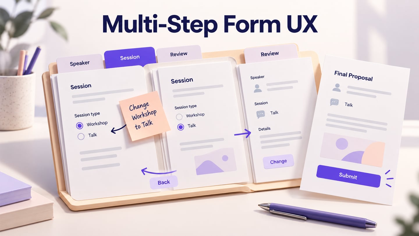A speaker proposal with staged sections and a change from workshop to talk carried through to its review page.