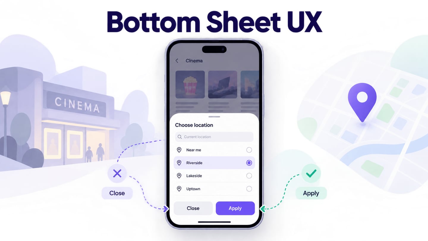 A mobile bottom sheet offers a location choice above the screen it belongs to.
