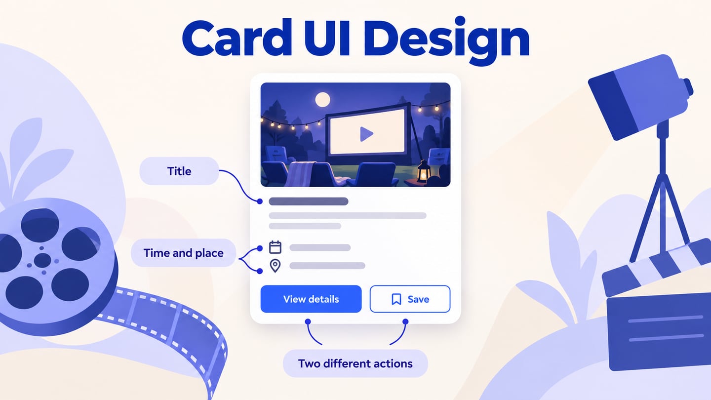 A film-night event card separates its details link from the Save action and makes the time and venue easy to scan.
