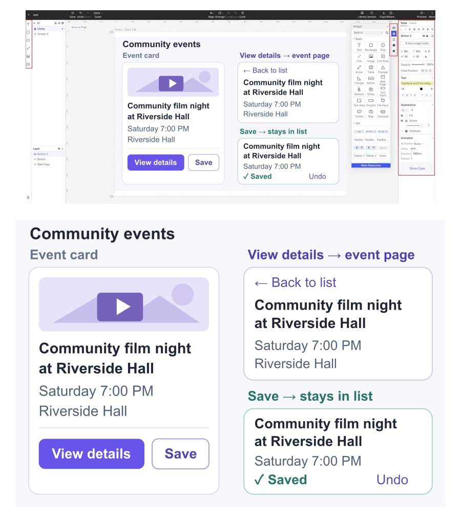 An illustrative event-card design in a Mockitt canvas separates View details navigation from a Saved state that remains in the list.