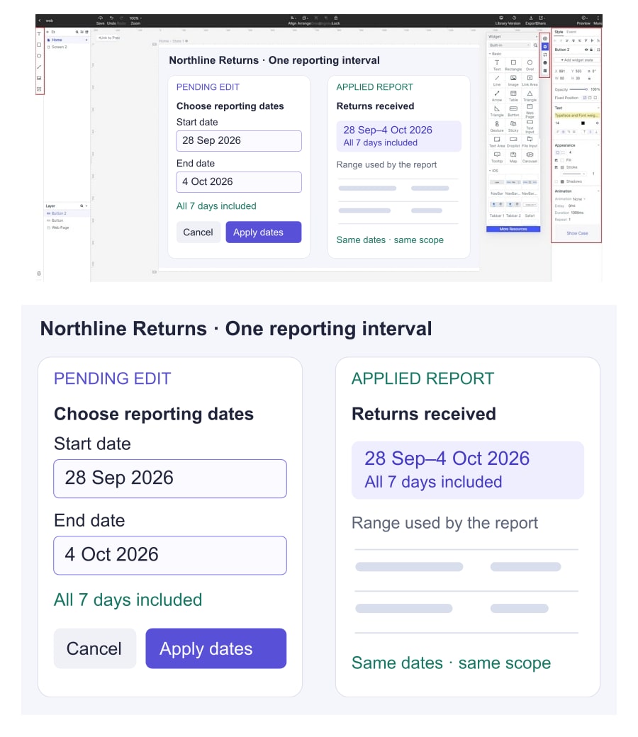 Northline Returns example in a Mockitt canvas, showing a pending inclusive date interval and the same period applied to a report.