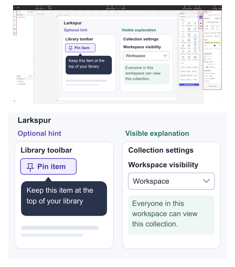 Illustrative Larkspur UI in a Mockitt canvas contrasts a Pin item tooltip with a visible Workspace visibility explanation.