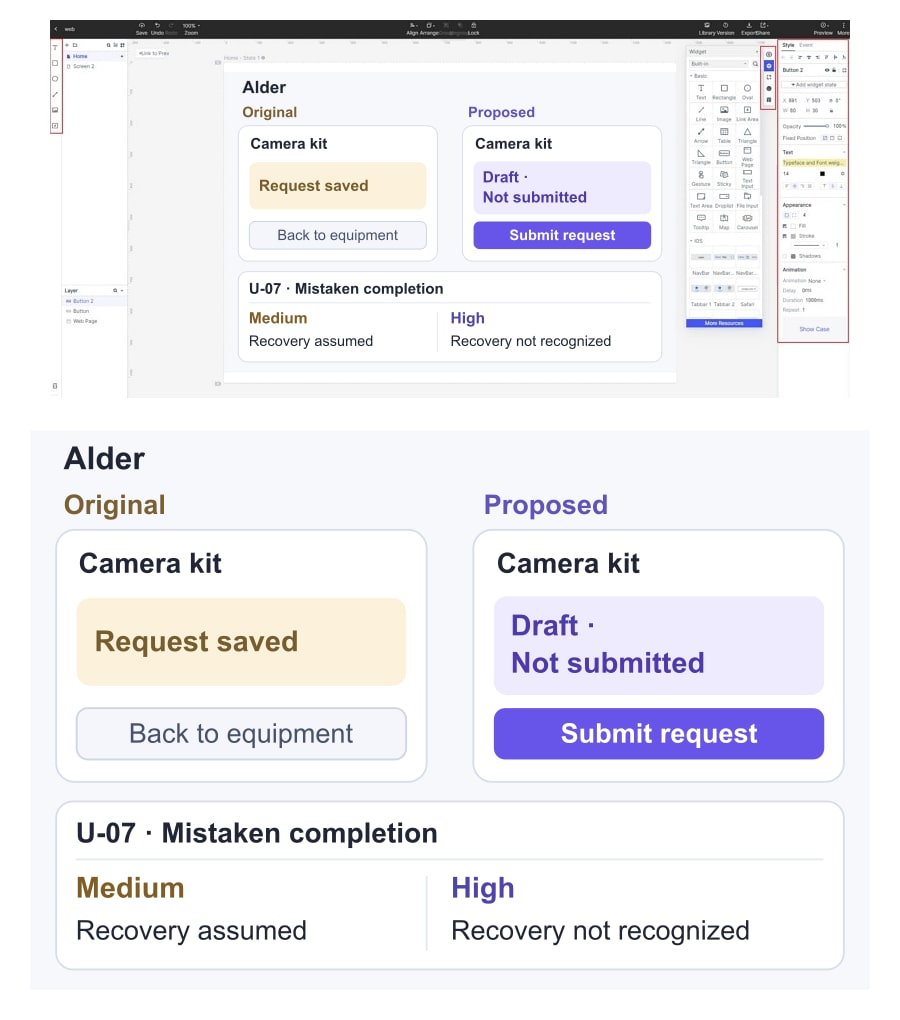 An illustrative Alder review in a Mockitt canvas compares Request saved with Draft · Not submitted and records the assumptions behind two severity ratings.