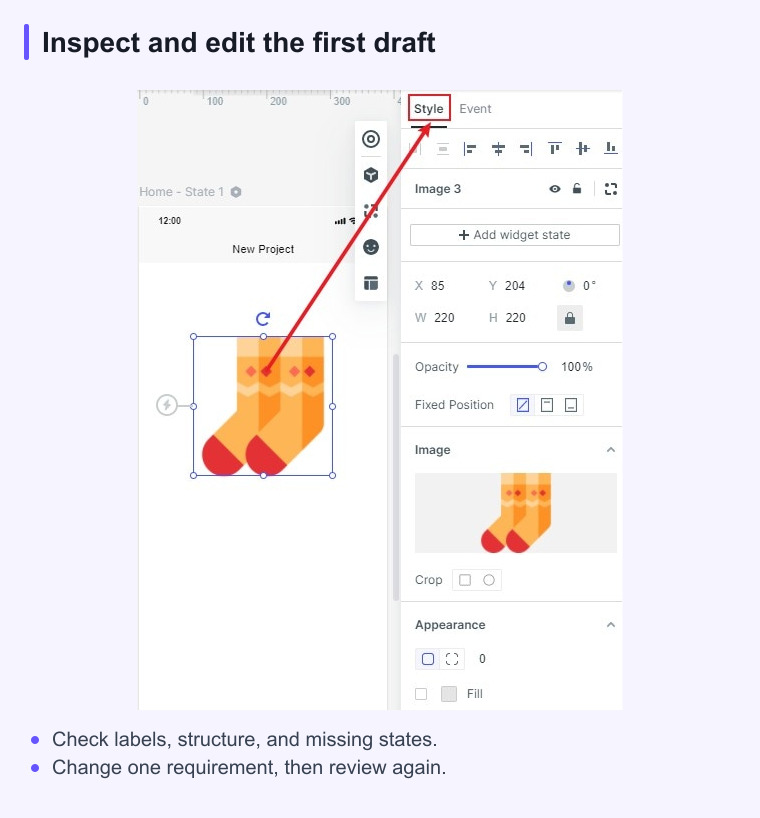 Mockitt widget editor with properties for revising prototype screen details