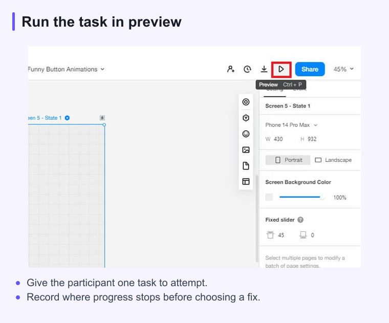 Mockitt editor showing the Preview button for opening a prototype