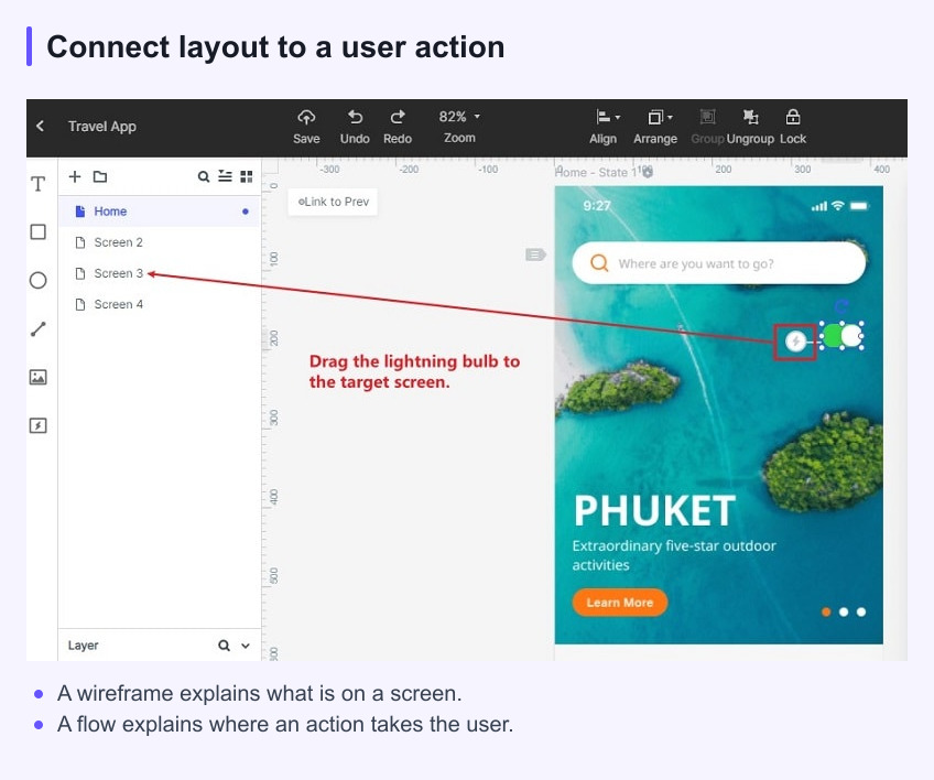Mockitt prototype editor showing connections between travel-app screens