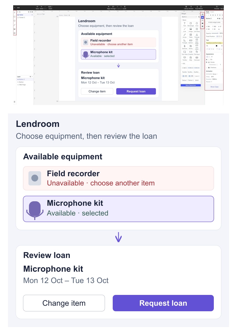 Lendroom example equipment list marks a field recorder unavailable and a microphone kit selected, followed by a two-day loan review in an earlier official Mockitt guide interface.
