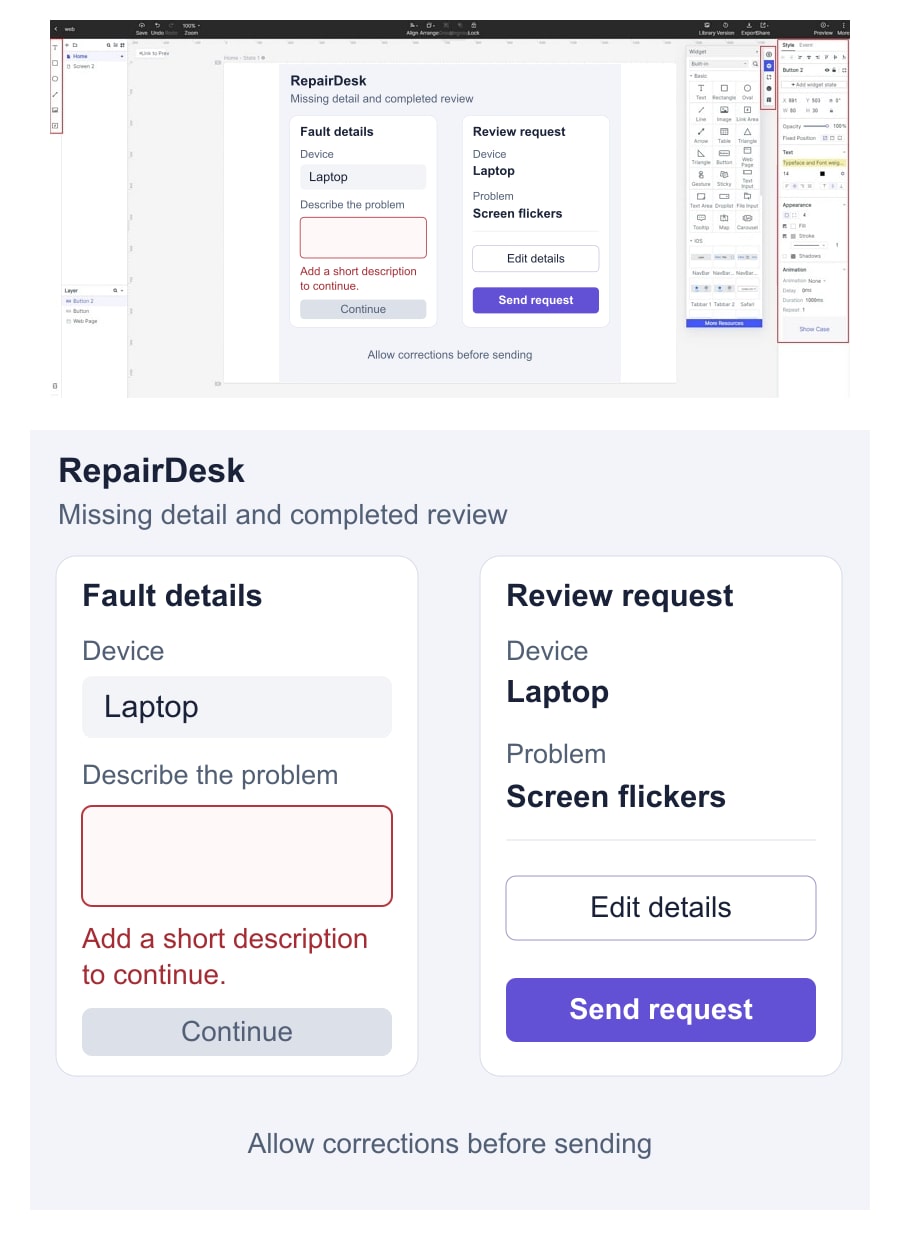 RepairDesk example compares a missing problem description with a completed review request for a flickering laptop screen, composed within an earlier official Mockitt guide interface.