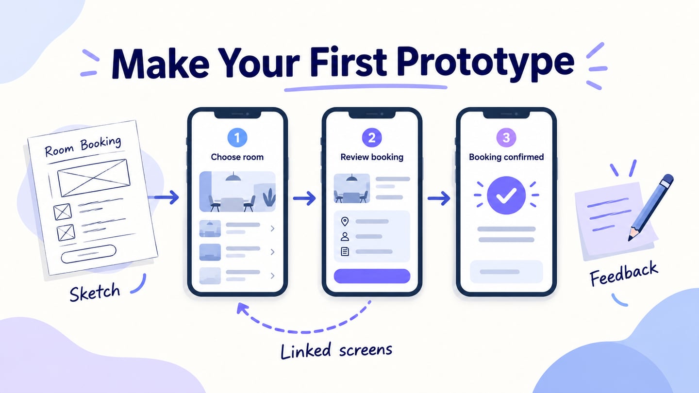 Make Your First Prototype. A paper room-booking sketch becomes a connected three-screen prototype, with a visible return route.