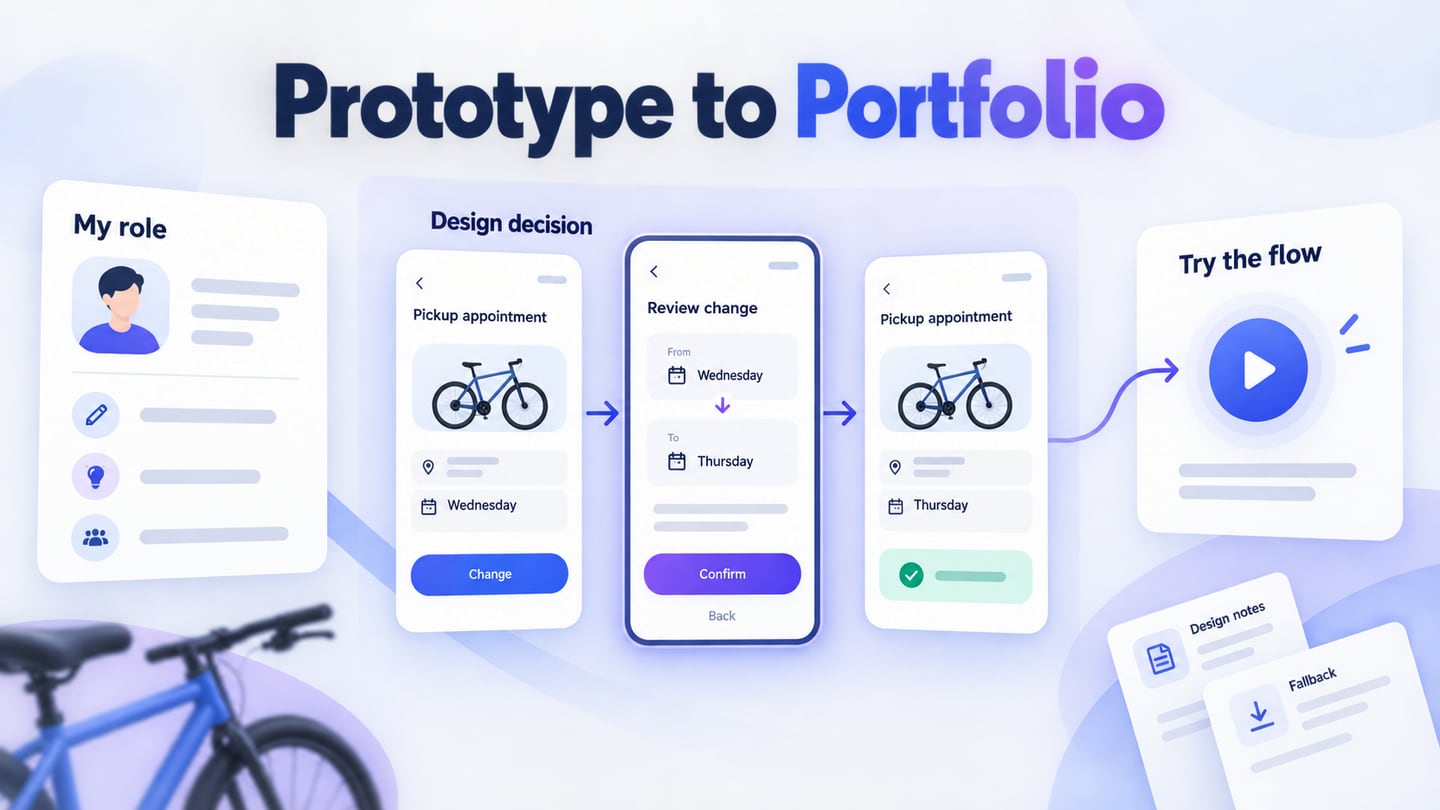 A prototype portfolio story connects the designer's role, an appointment-change decision, and a focused interactive path for a reviewer.