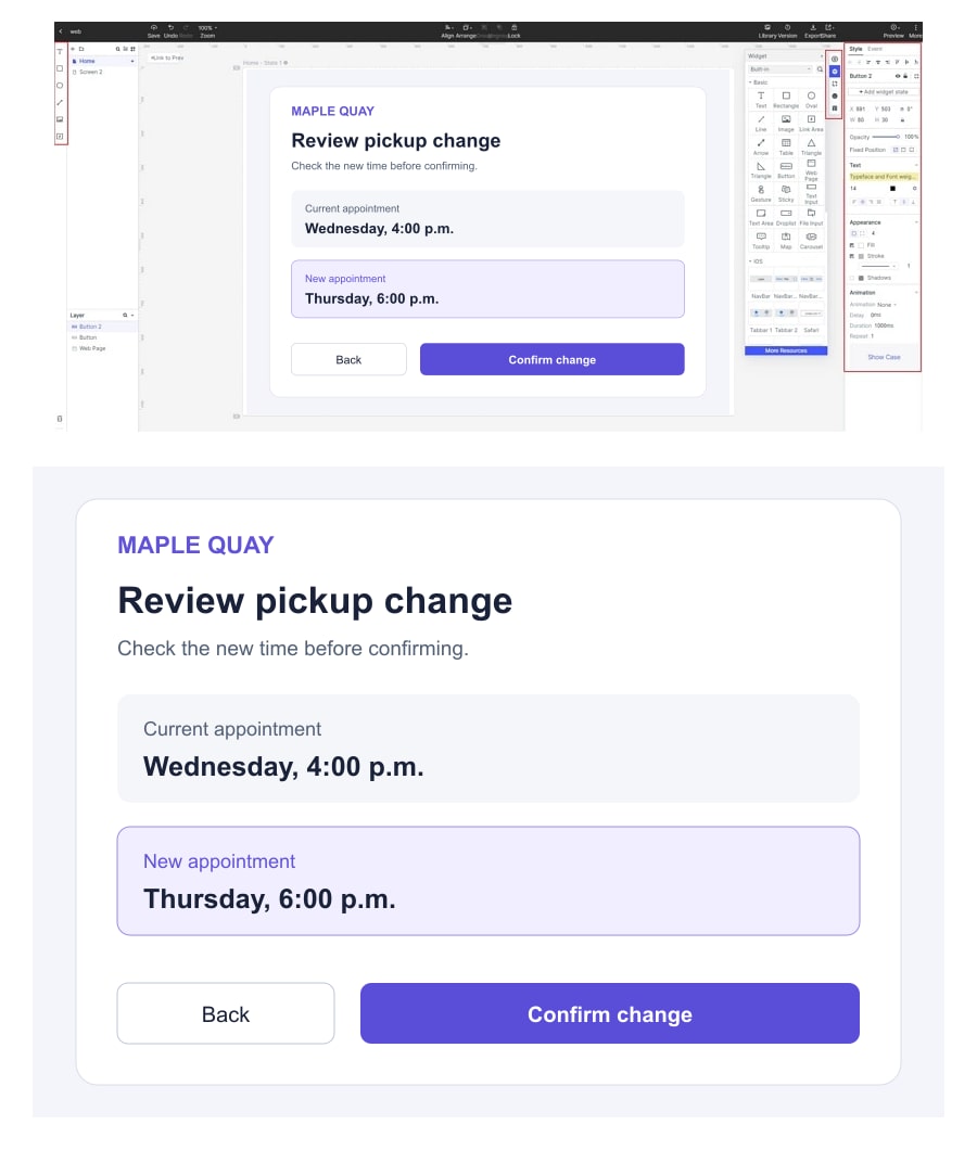 Maple Quay pickup-change review shows current Wednesday and proposed Thursday appointments with Back and Confirm change, composed inside an earlier Mockitt guide interface.