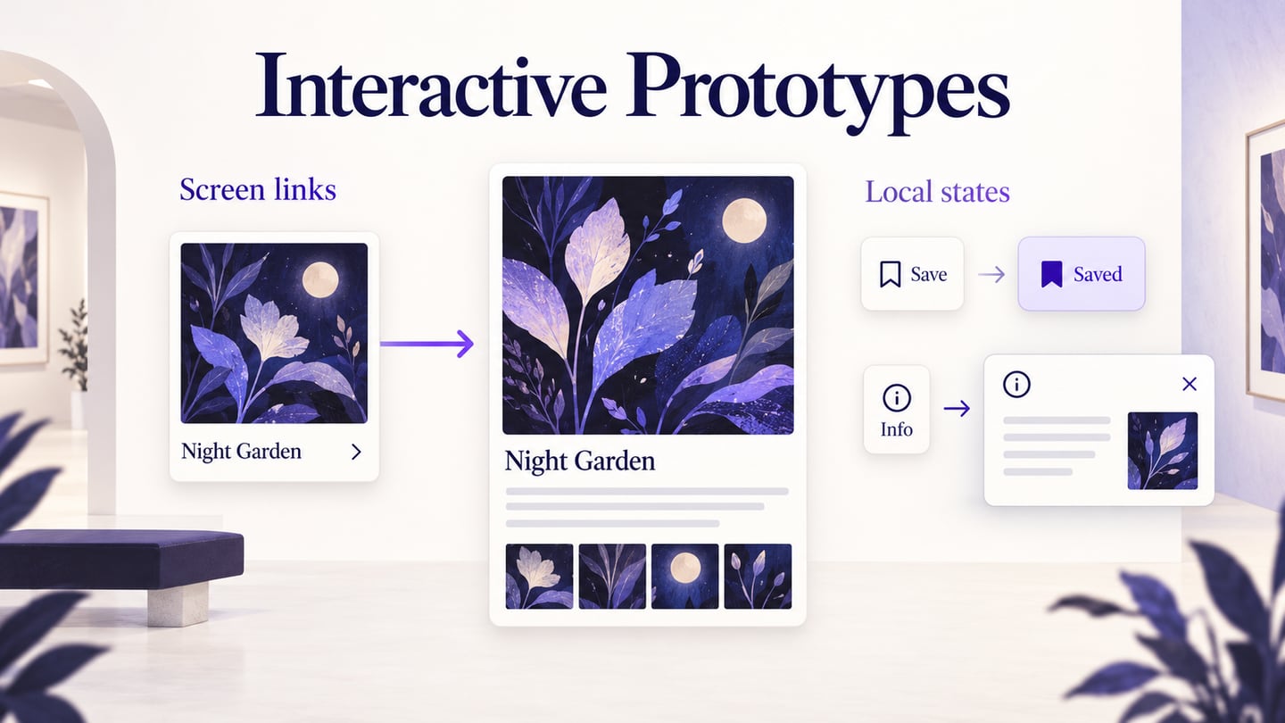 An exhibition page connects to its details, with separate saved and information-panel states