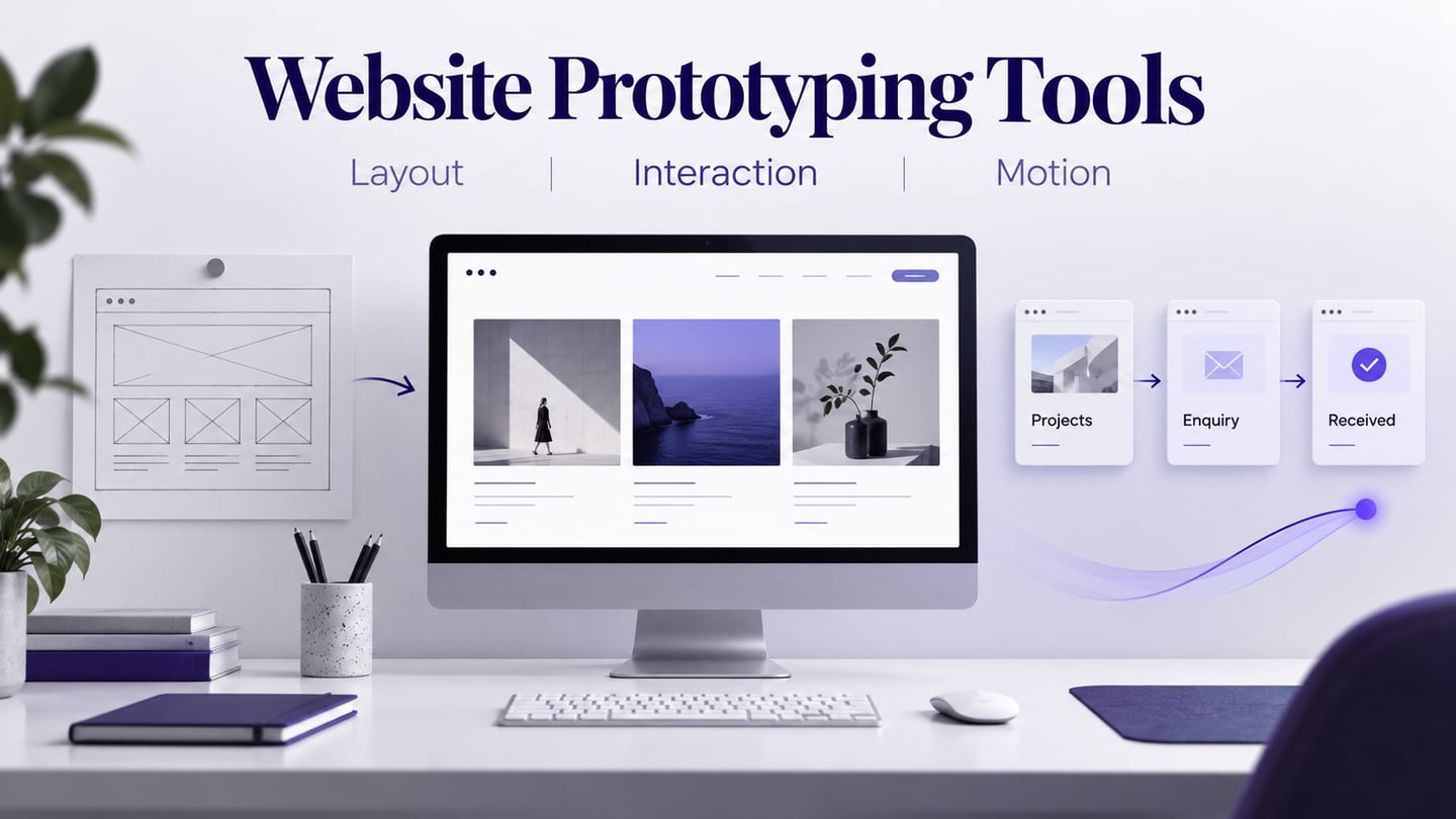 Website layouts, a connected enquiry flow and a motion study represent three prototyping needs