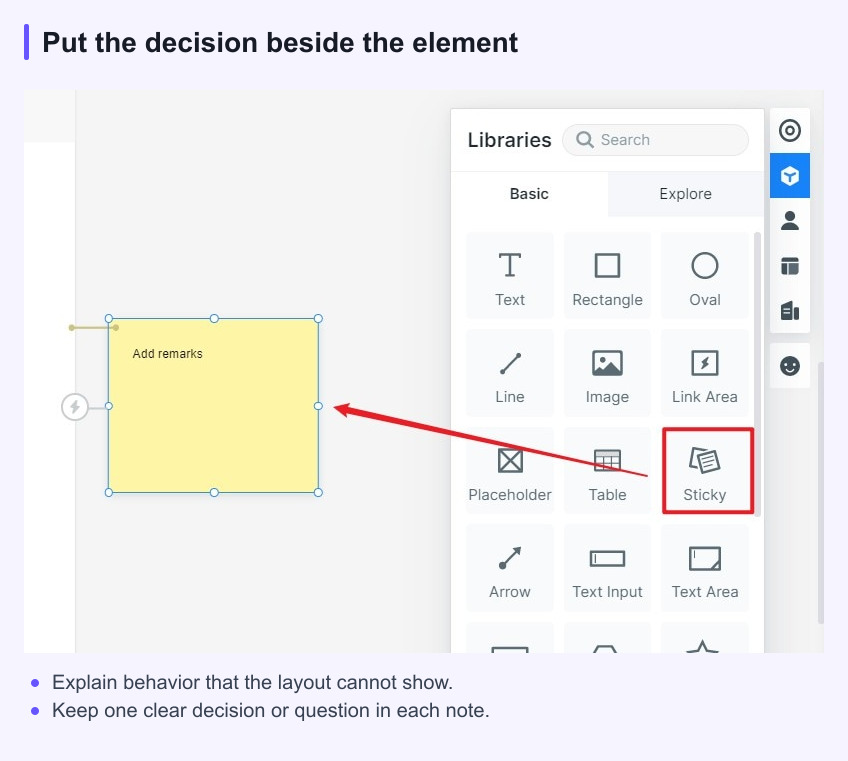 Mockitt editor showing a Sticky annotation near a prototype screen