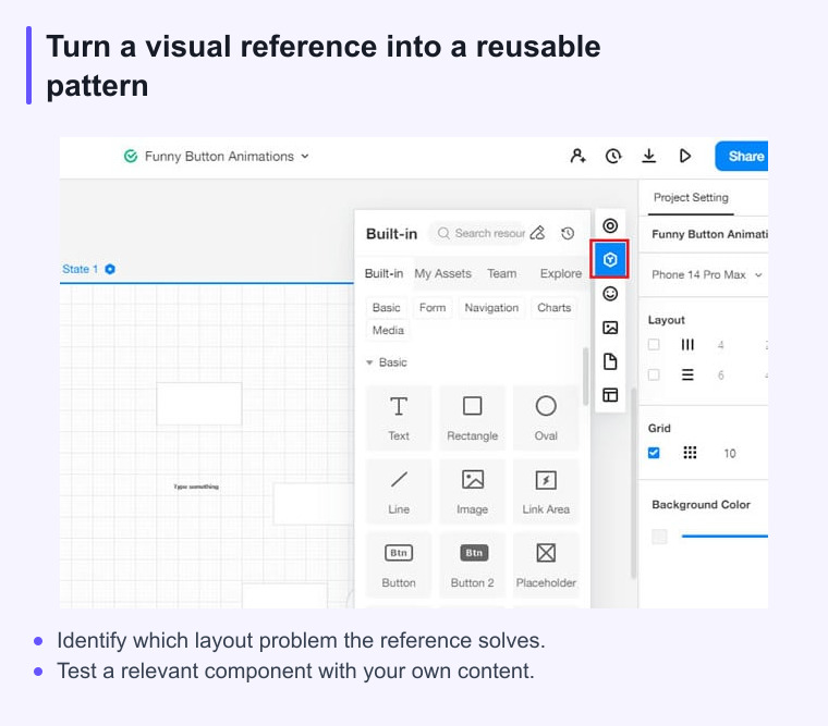 Mockitt editor with its resource library open alongside the design canvas