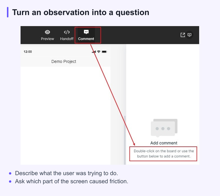 Mockitt preview with a comment panel for discussing a prototype screen