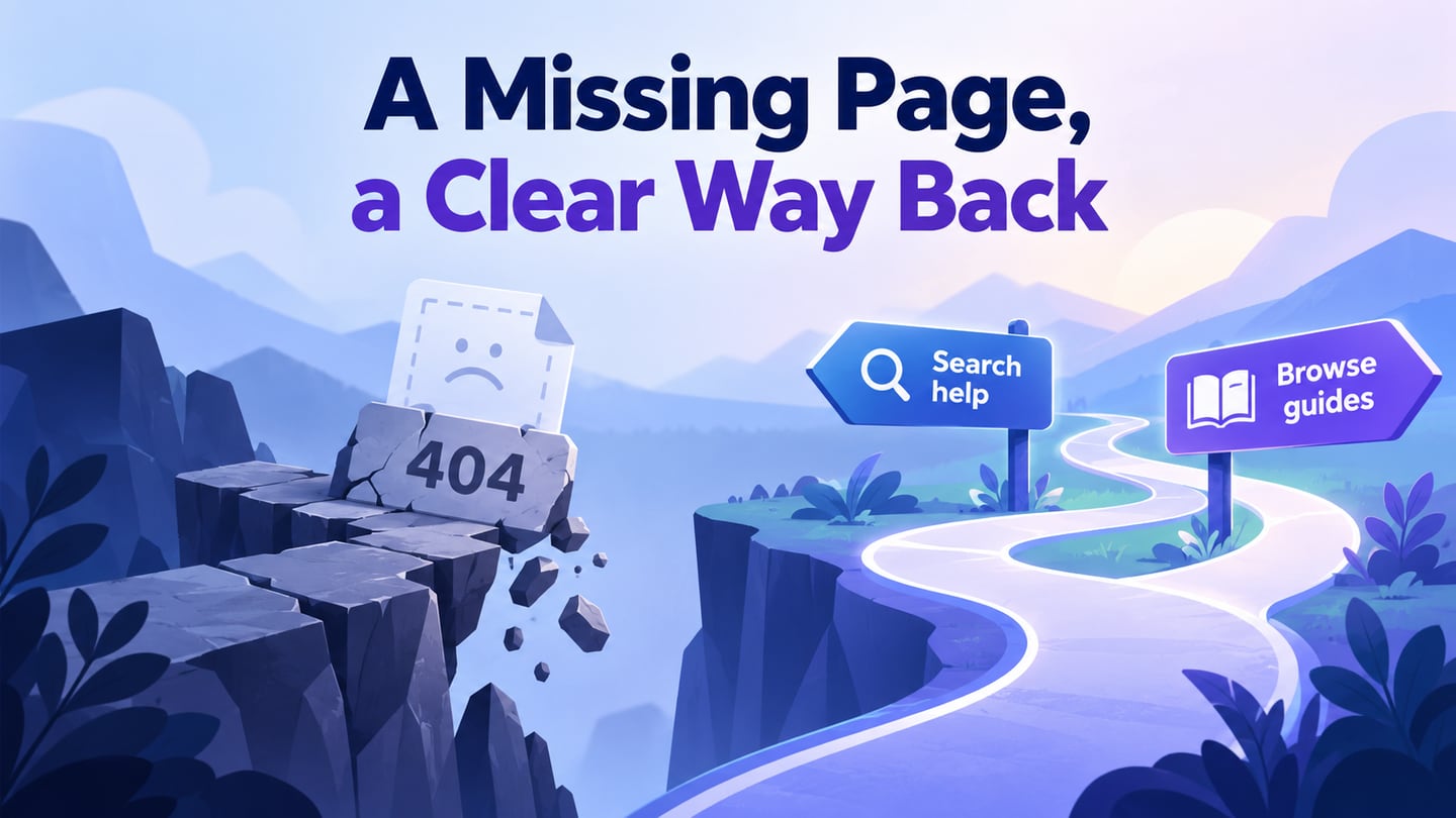 A missing page with clear search and guide-browsing recovery paths
