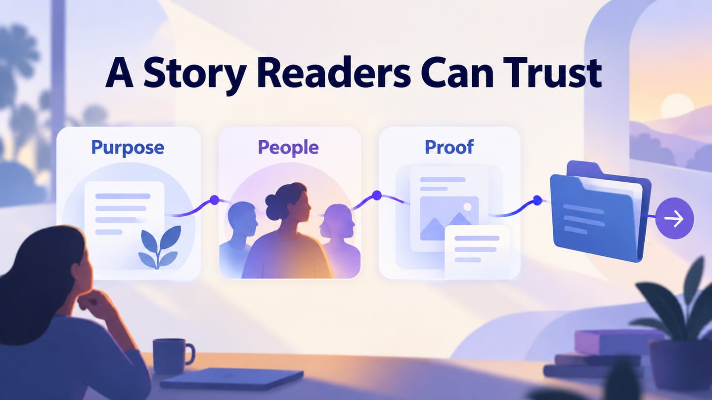 An About Us story structured around purpose, people and supporting evidence