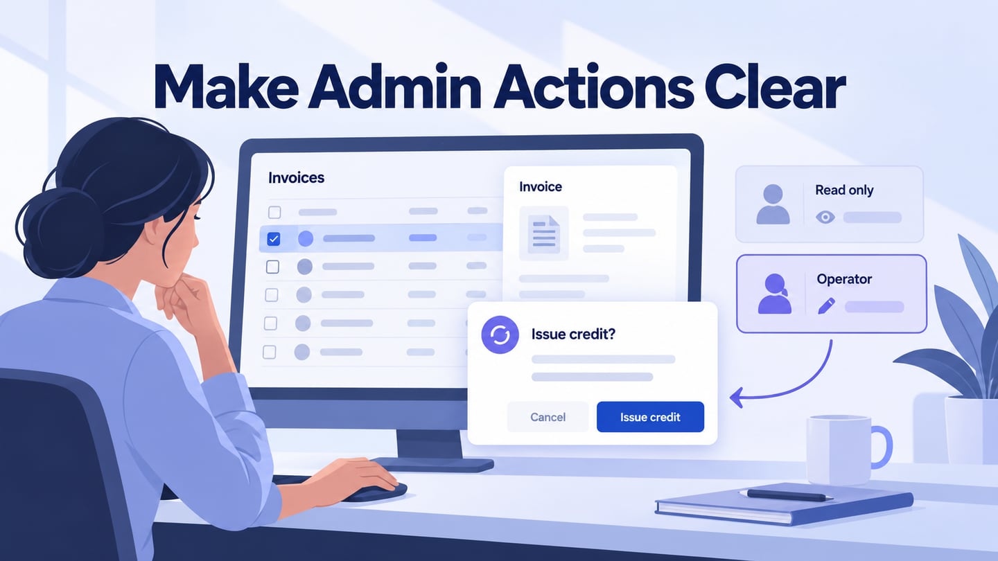 Invoice actions shown with role scope and a confirmation step