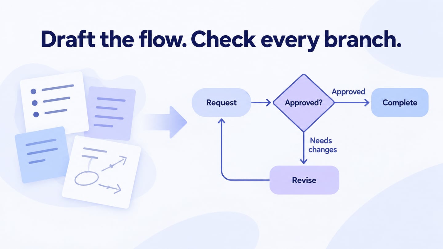 Draft the flow. Check every branch. editorial illustration