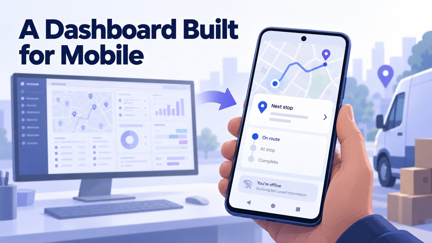 A dense dashboard reorganized into a mobile delivery overview with a next-stop card and an offline notice.