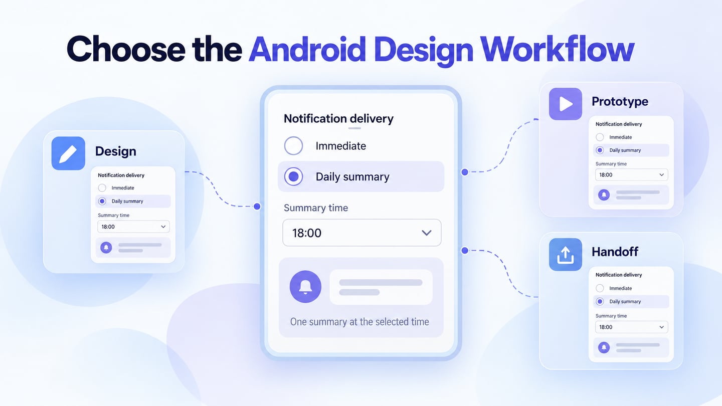 An Android notification-scheduling choice connected to prototype and handoff checks.