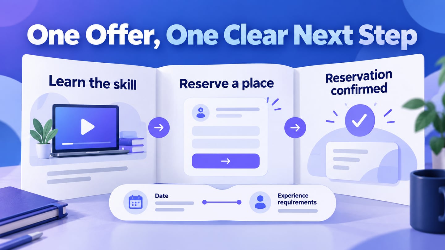 Workshop landing page flowing from offer to reservation confirmation