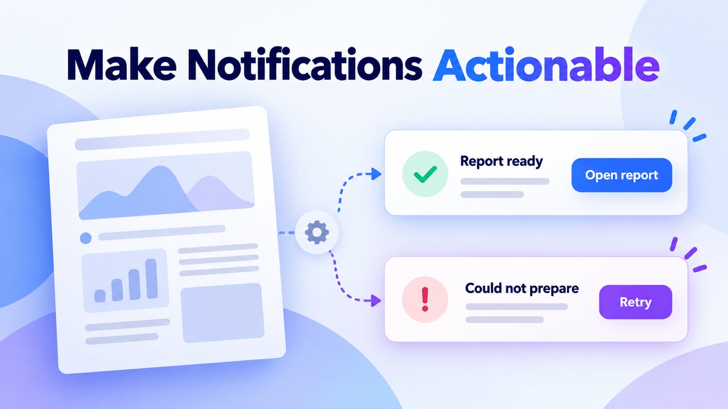 Report notifications with a clear open or retry action