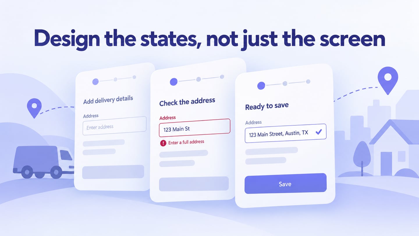 An address form shows empty, incomplete and ready-to-save states.