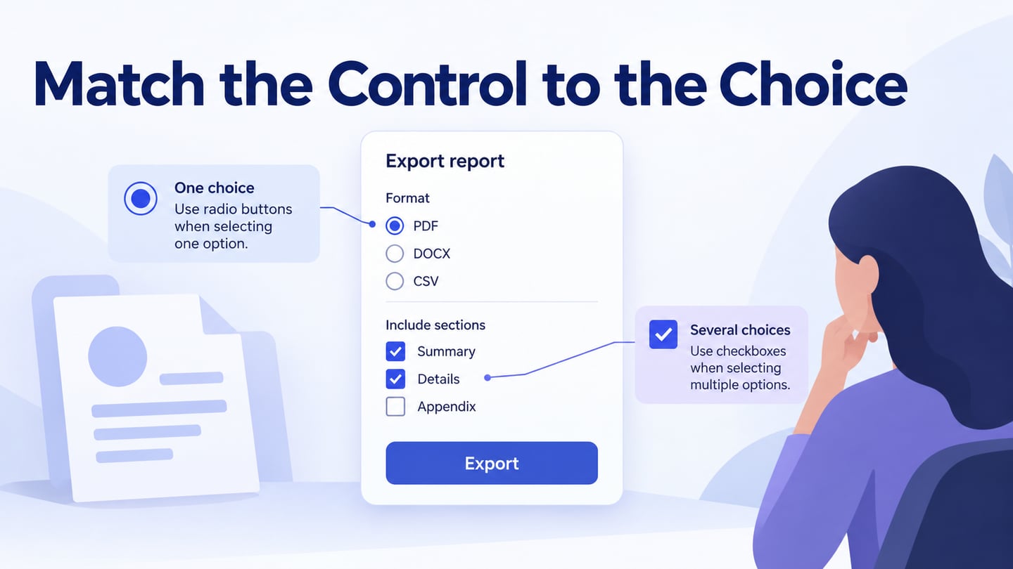 An export dialog using radio buttons for one format and checkboxes for multiple report sections.