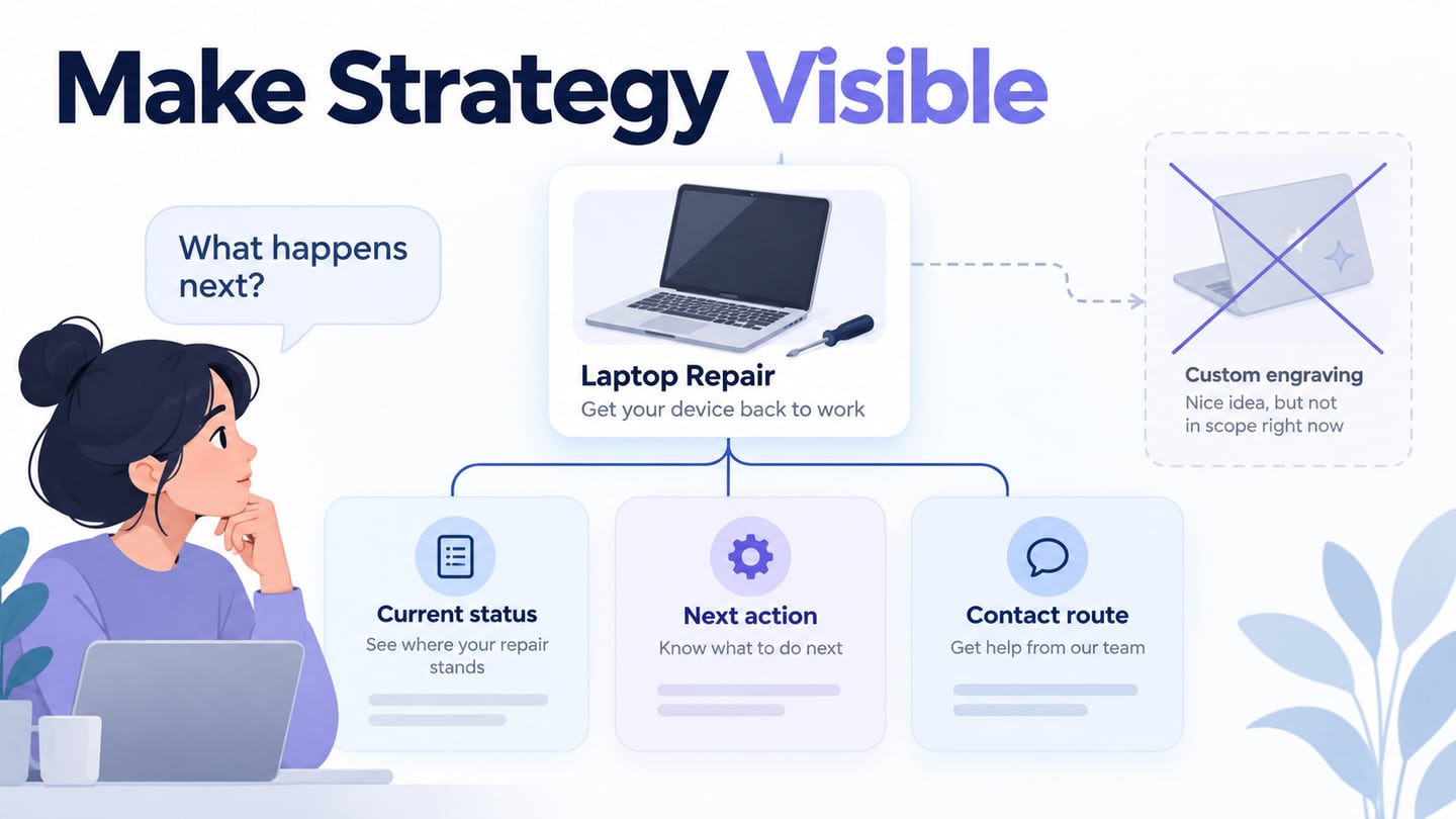 Design-strategy board connecting a repair customer’s question to status, next action, and a contact route.