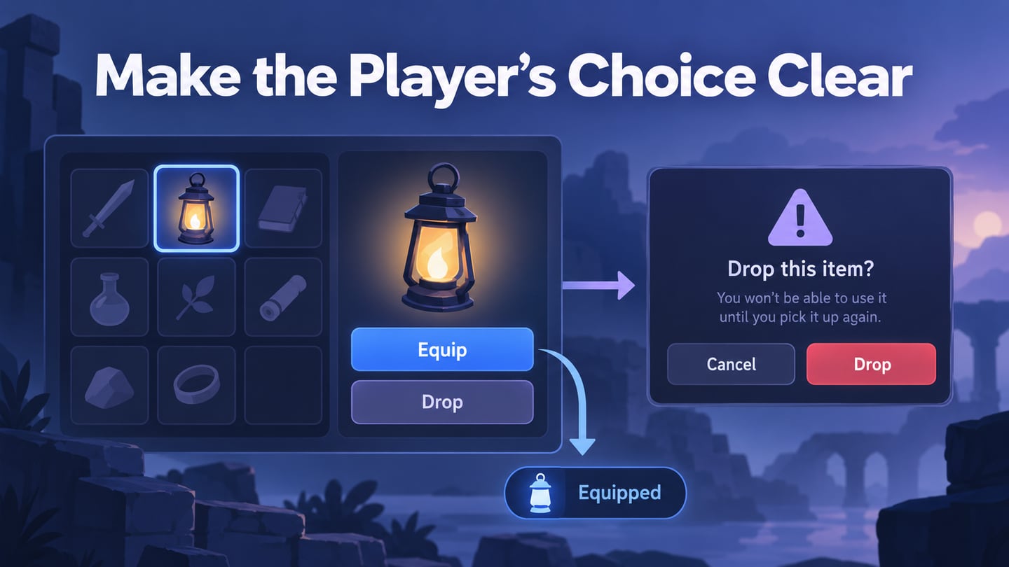 Game inventory connects a selected lantern with clear equip and drop decisions.