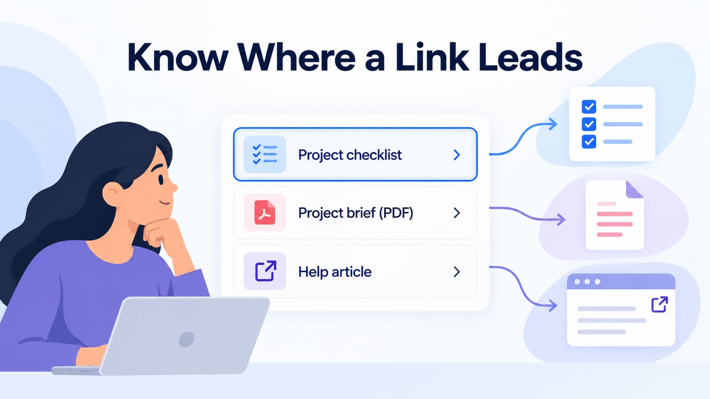 Resource links describe a checklist, a PDF brief, and external help with clear focus and destination cues.