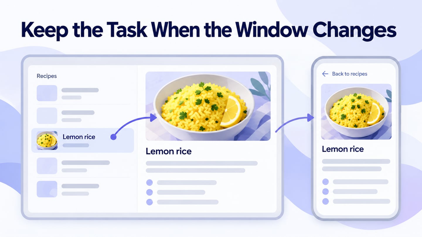 Wide and narrow recipe layouts preserve the selected recipe and a clear return route.