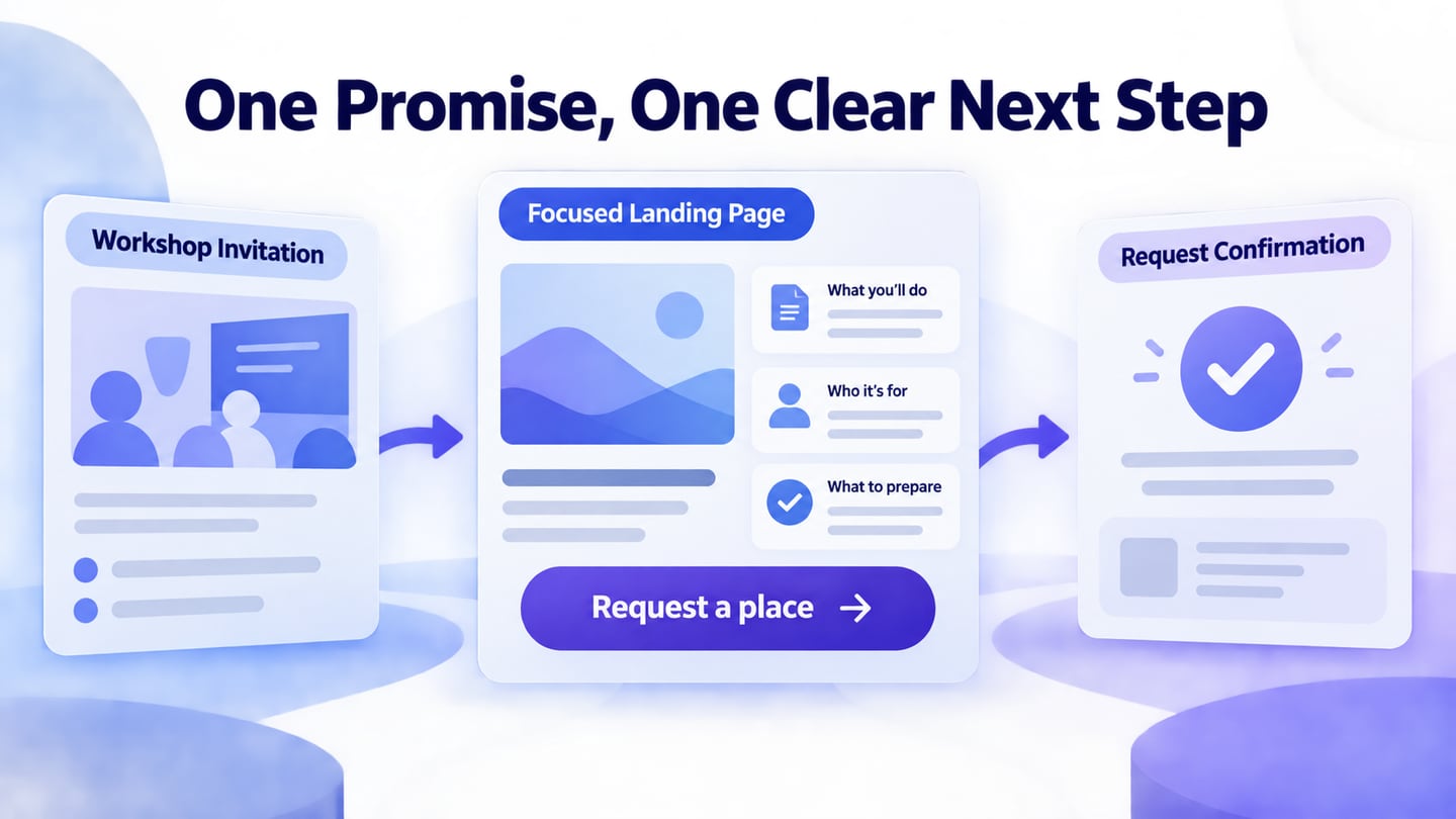 A workshop invitation connected to a focused landing page and honest request confirmation